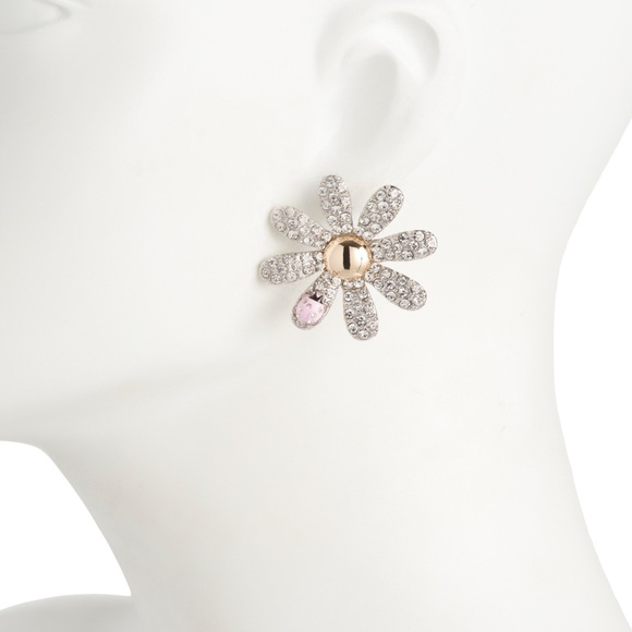 NWOT BETSEY JOHNSON Daisy Rhinestone Statement L Earrings Cottagecore Boho - Picture 2 of 2